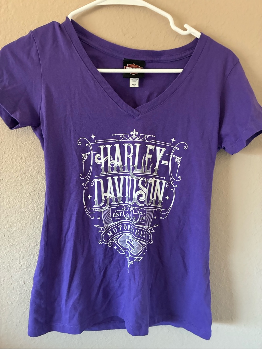 Harley-Davidson Purple V-Neck Graphic Tee with White Logo